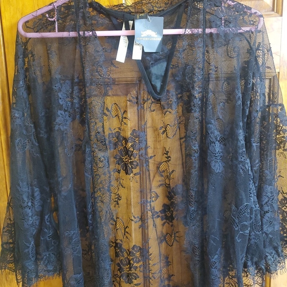 Just‎ Sexy Lingerie Small Robe Women Black Floral Sheer Lace Eyelash Trim KEN558